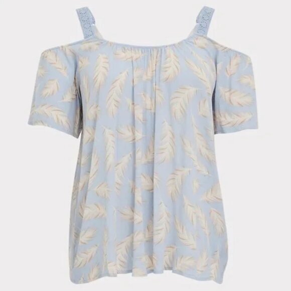 TORRID 1 Plus Size Light Blue Feathers Crinkle Gauze Cold Shoulder Top Boho 1X - Picture 5 of 16